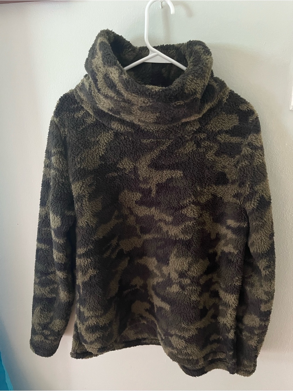 Zella Olive & Black Camo Sherpa Turtleneck Sweater